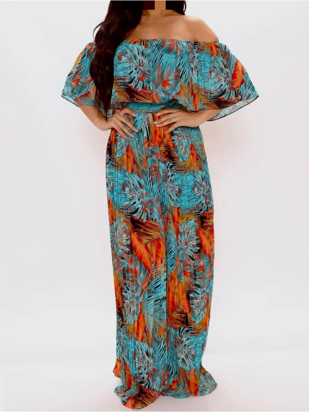NEW Off Shoulder Tropical Pleated Maxi Dress Large